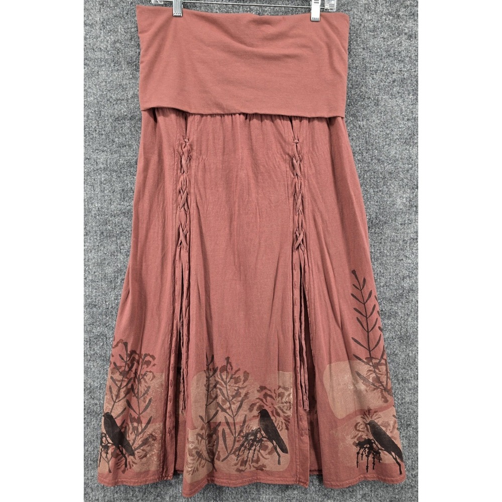 Blue Fish Lagenlook Tube Dress Sz 3 Mauve Artisan Painted Birds Fold Over Midi